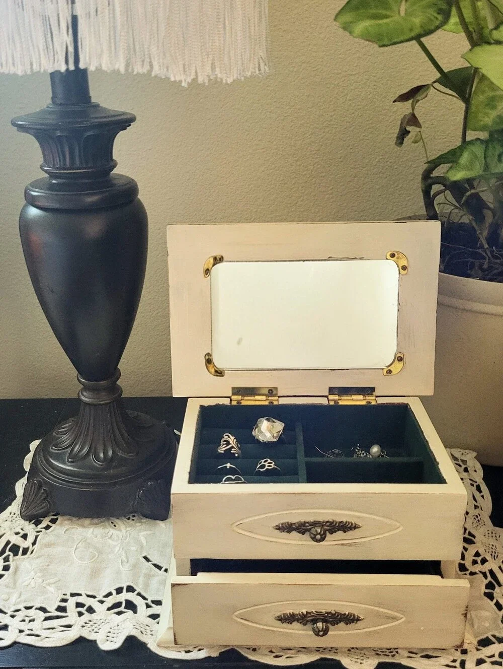 Shabby Chic Jewelry Box with Drawers & Mirror – Ivory Distressed Finish